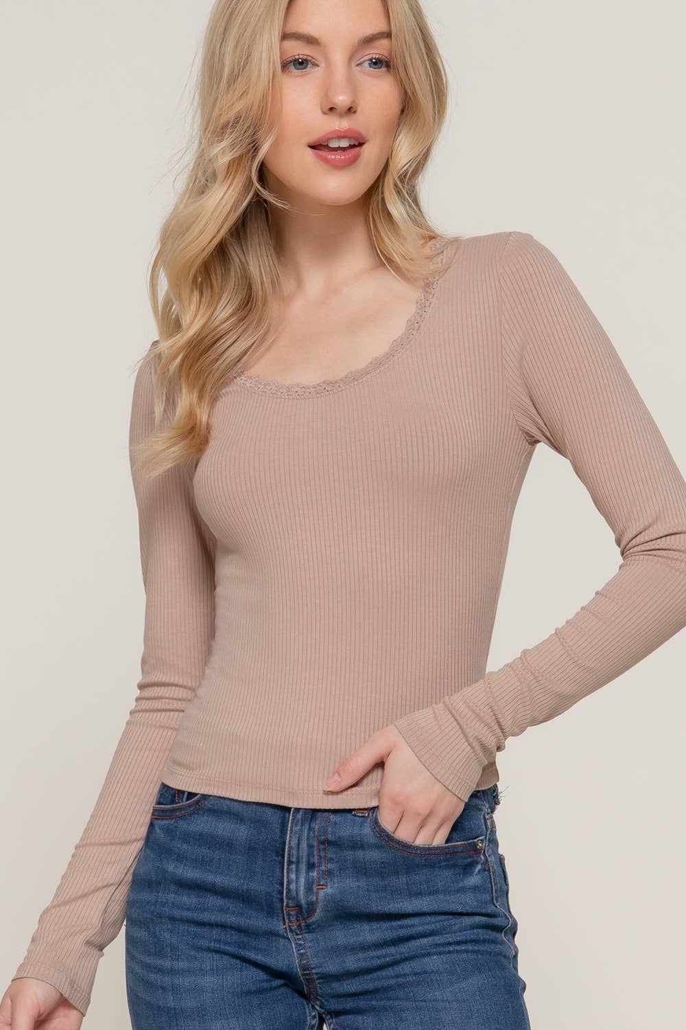 Long Sleeve Scoop Neck with Lace Trim