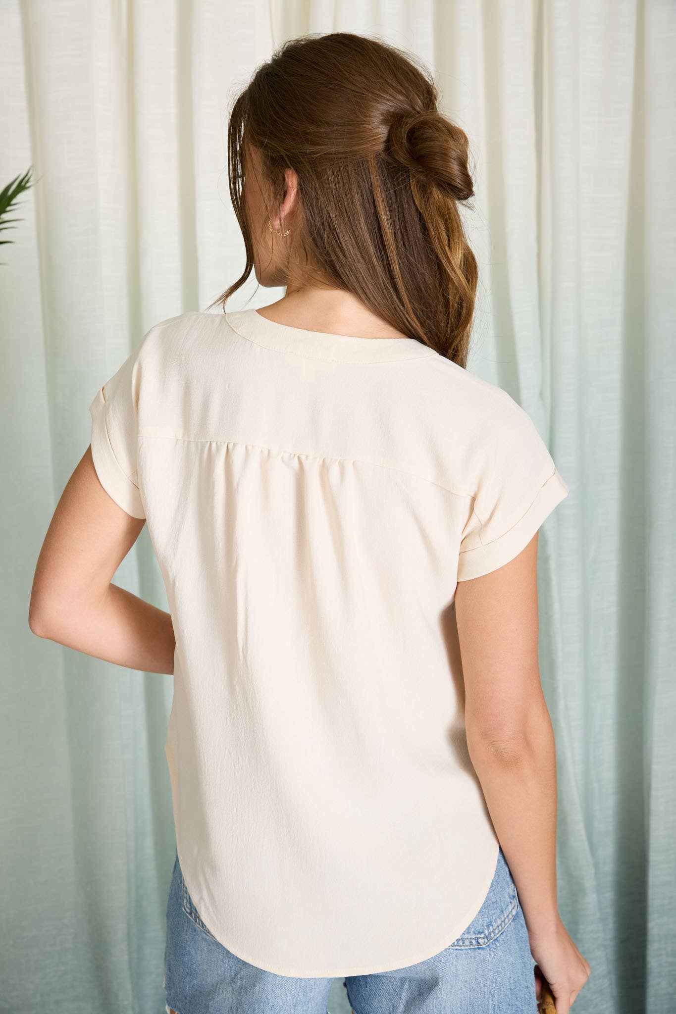 Split Neck Button Down Woven Top