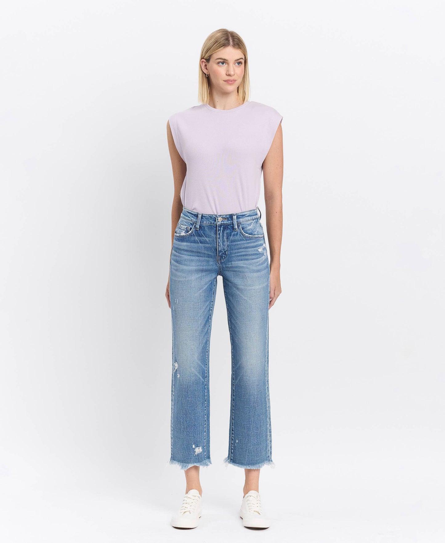 High Rise Frayed Hem Straight Jeans