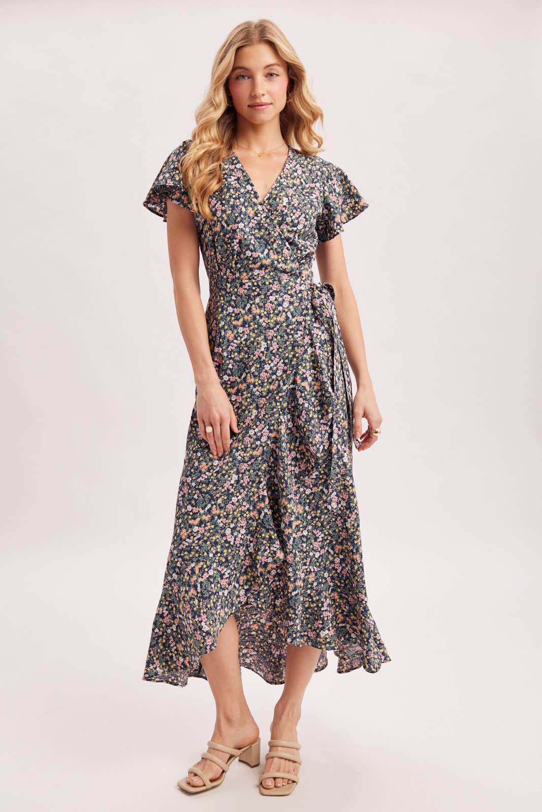 Floral Print Ruffled Hem Wrap Maxi Dress