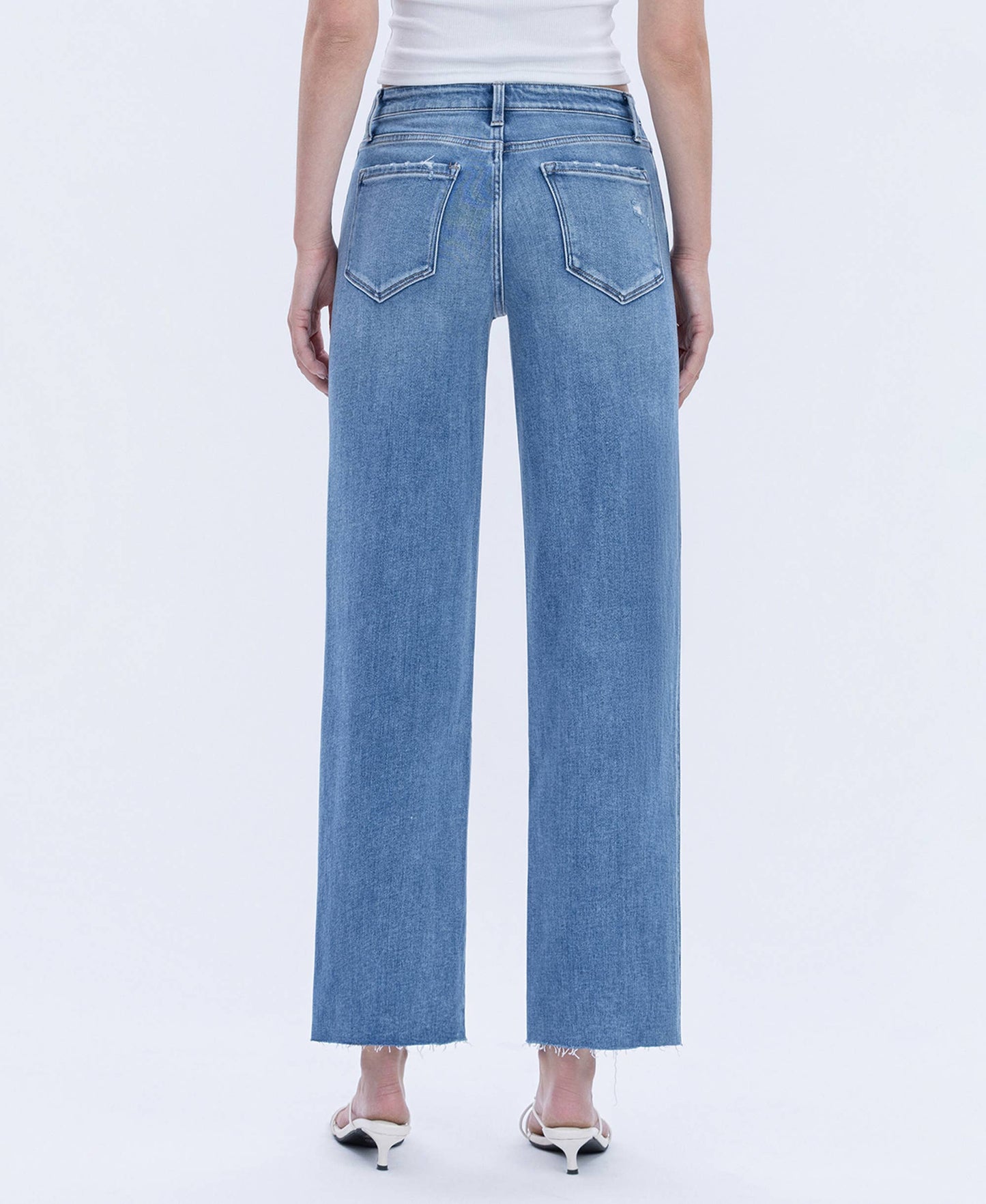 High Rise Raw Hem Slim Wide Jeans