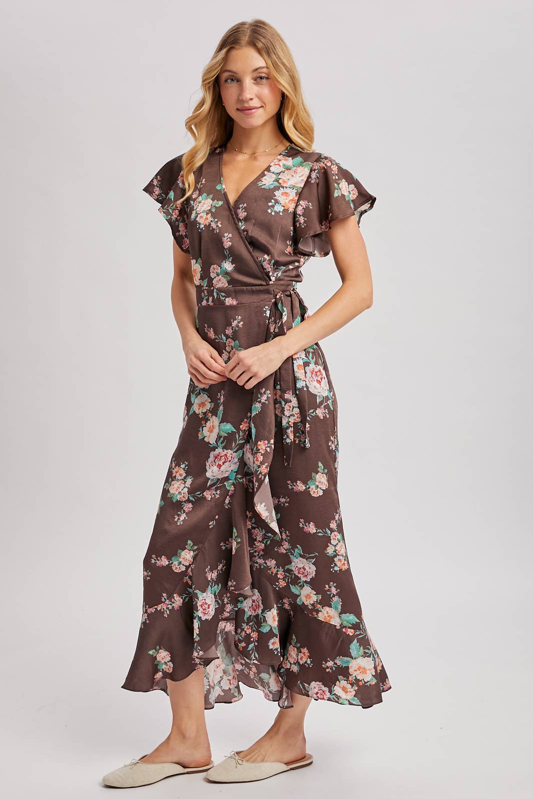 Floral Print Ruffled Wrap Maxi Dress