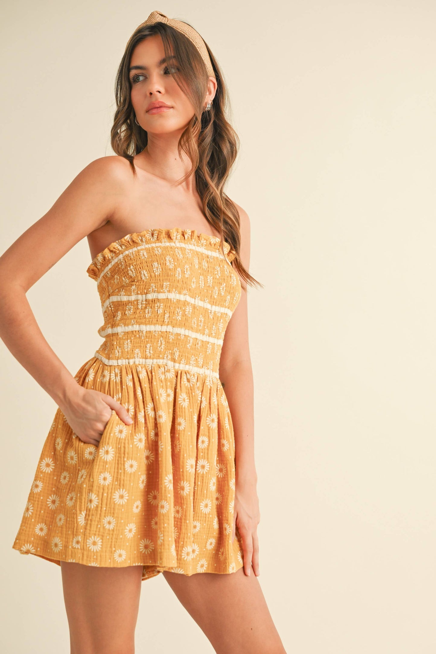 Floral Tube Ruffled Smocking Romper with Pockets