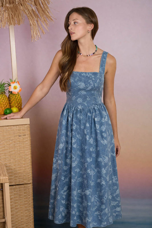 Floral Jacquard Denim Midi Dress