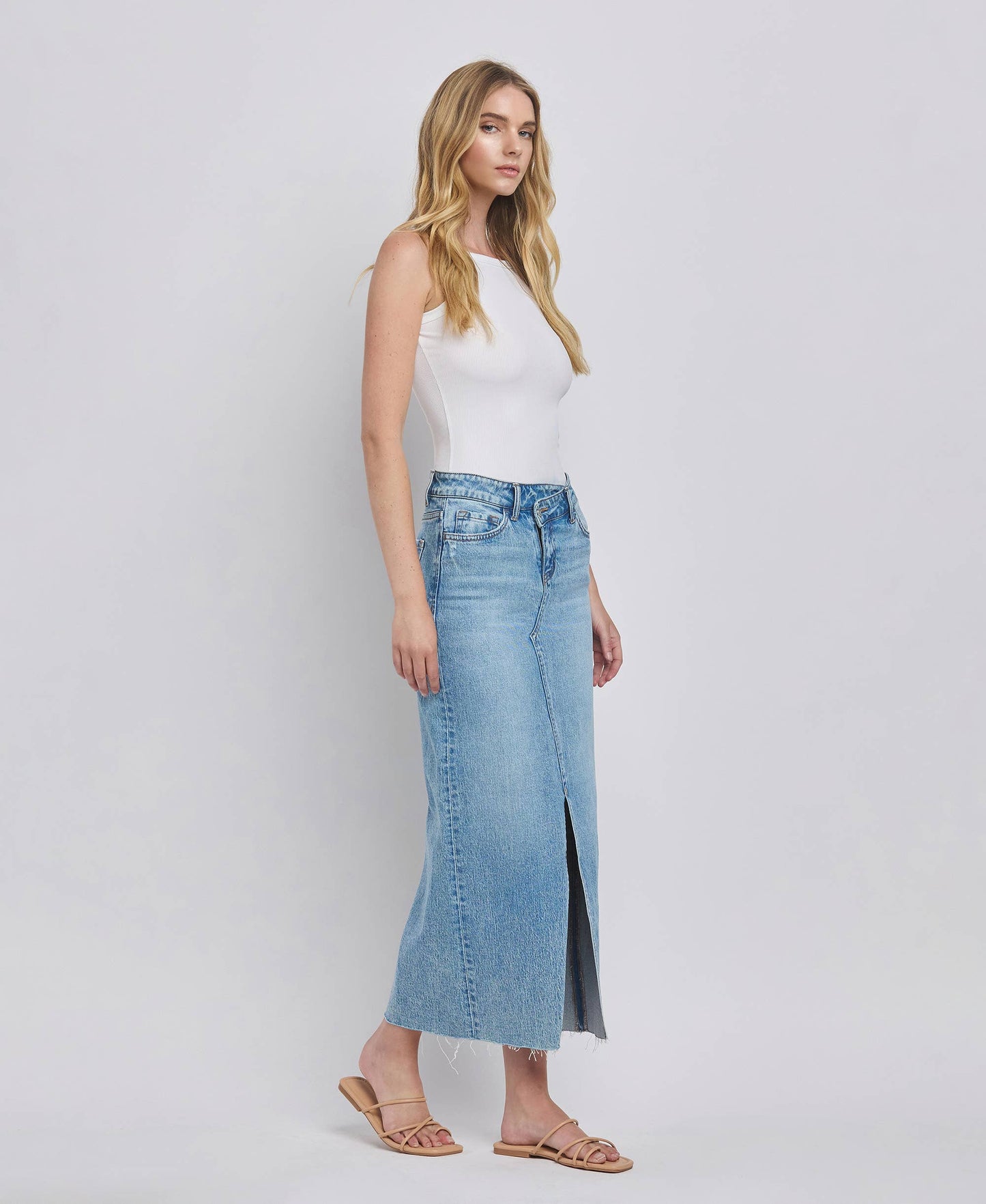 Criss Cross Front Slit Maxi Denim Skirt