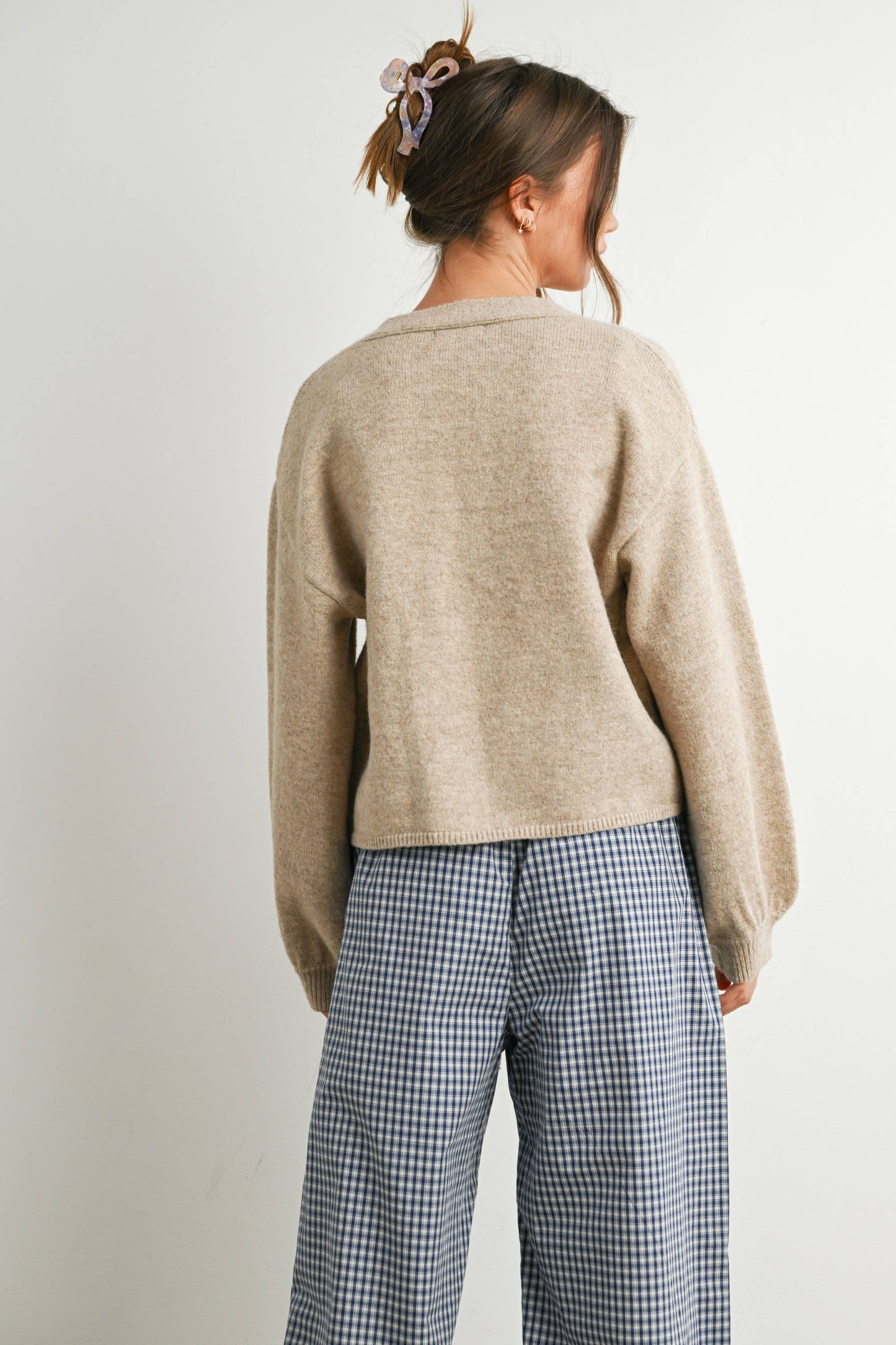 V-Neck Cuff Button-Up Long Sleeve Top