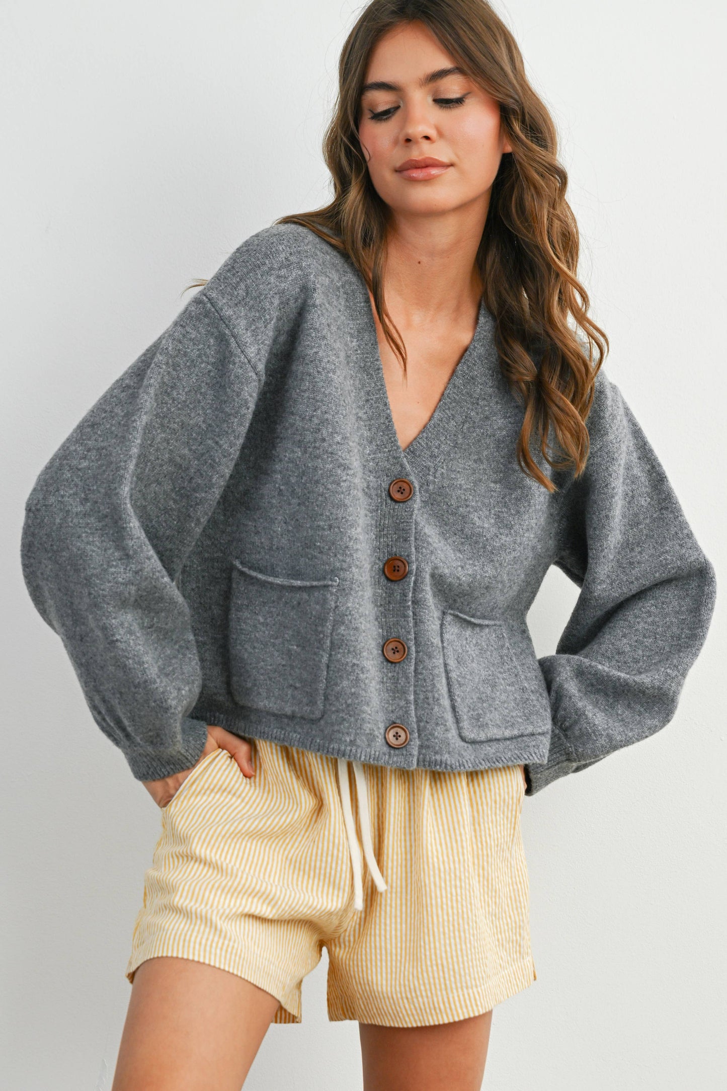 V-Neck Cuff Button-Up Long Sleeve Top