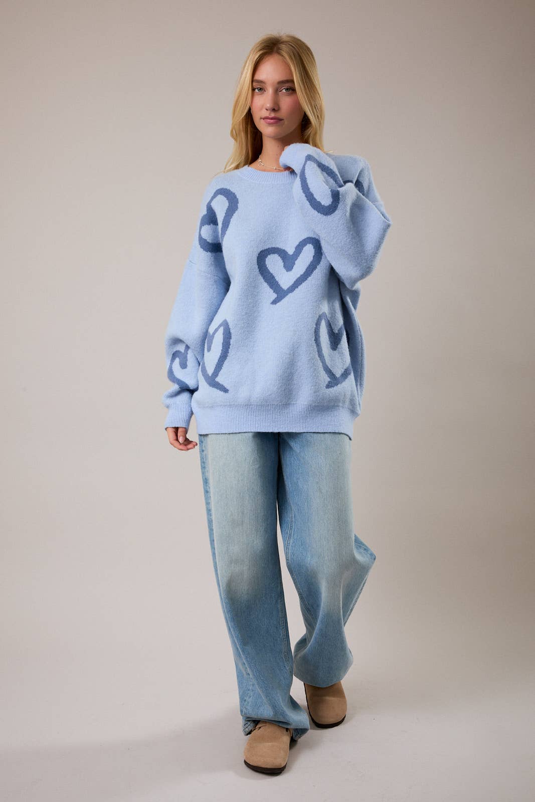 Long Sleeve Round Neck Heart Printed Sweater