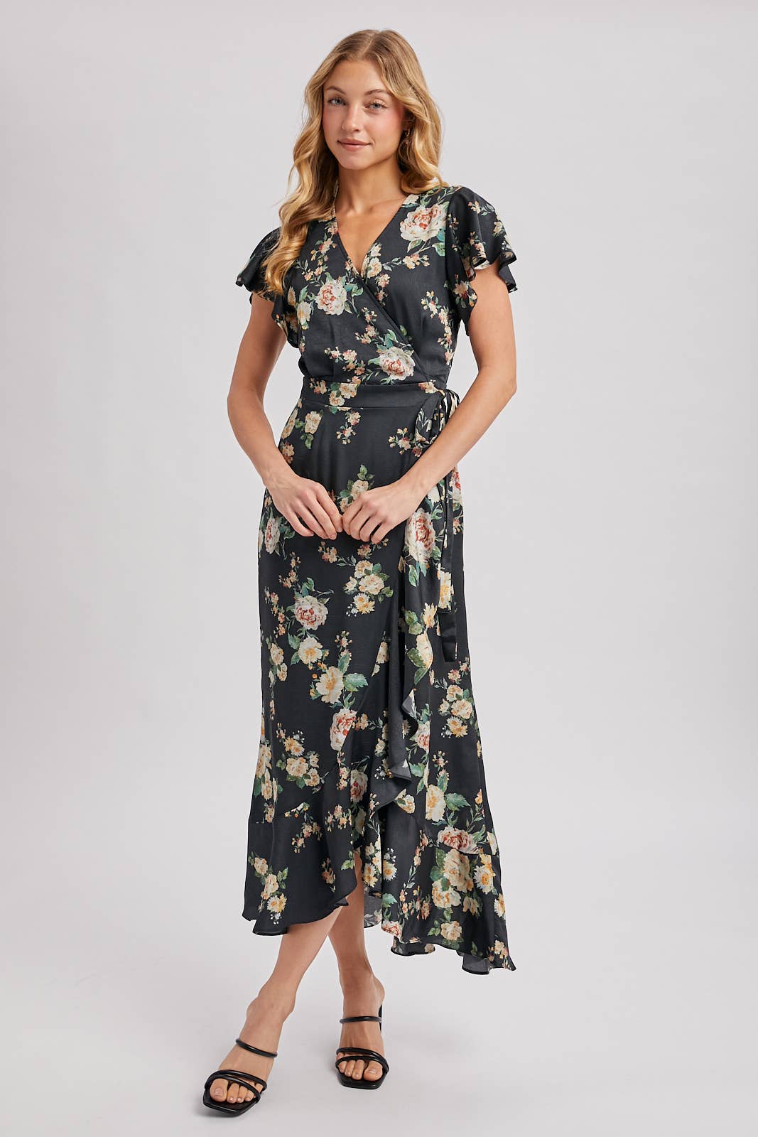 Floral Print Ruffled Wrap Maxi Dress