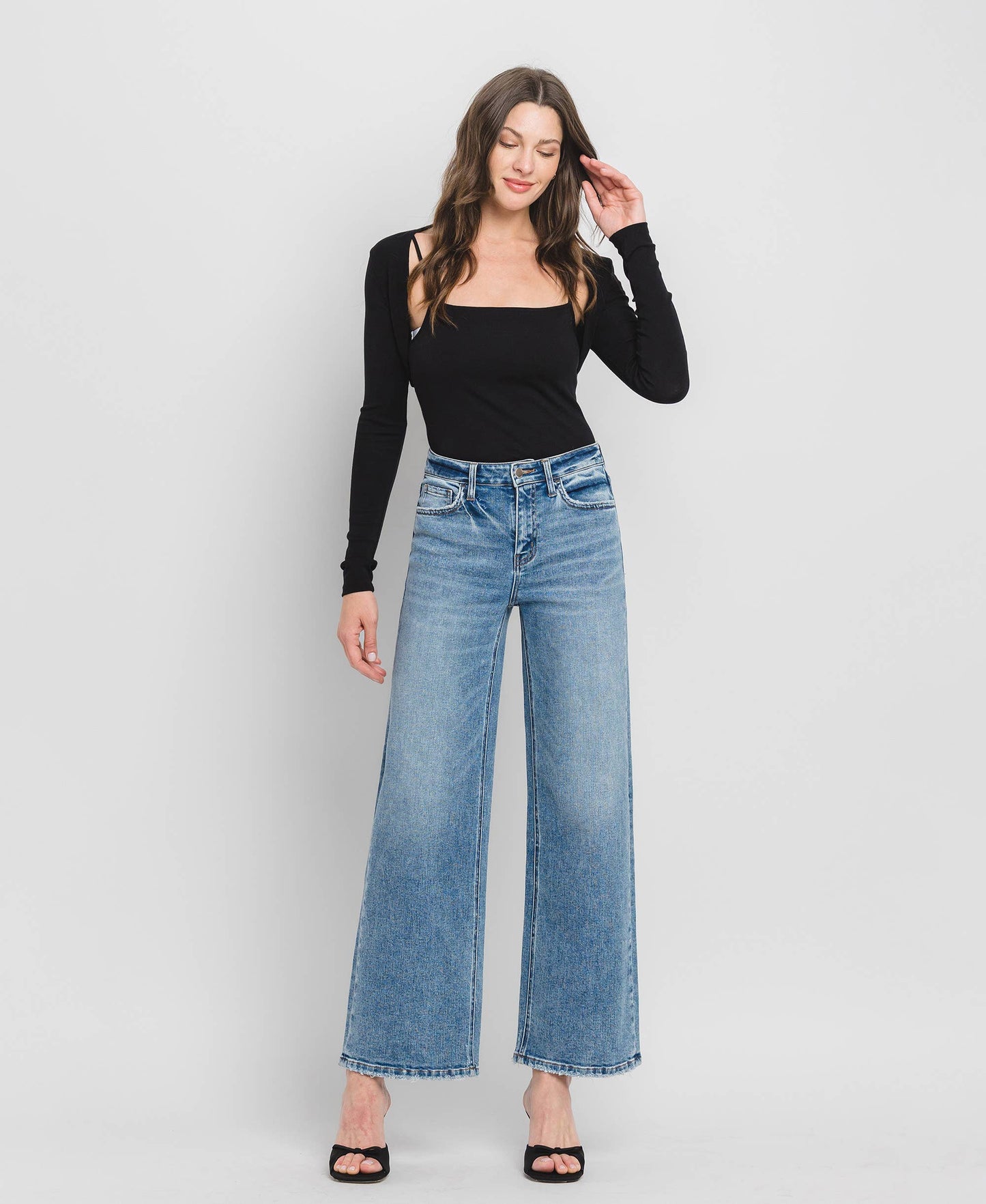 High Rise Medium Wash Full-Length Wide Leg Jeans