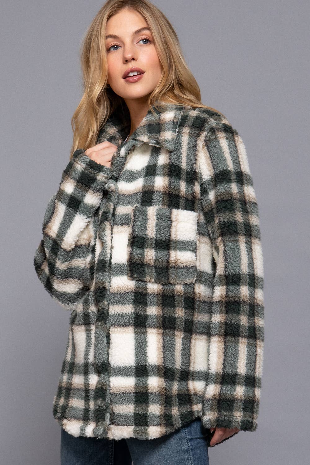 Long Sleeve Button Down Oversize Printed Faux Fur Jacket