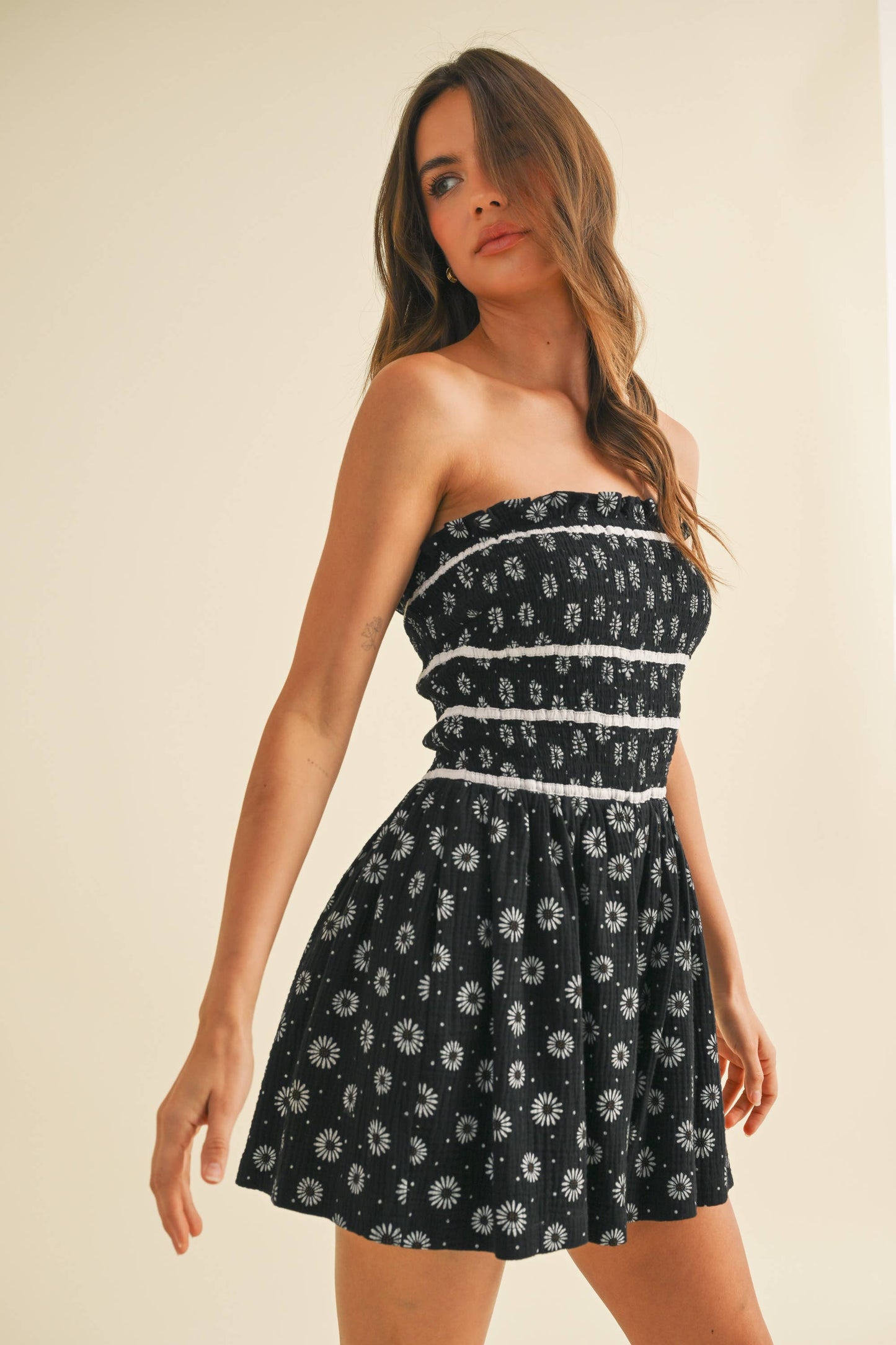 Floral Tube Ruffled Smocking Romper with Pockets