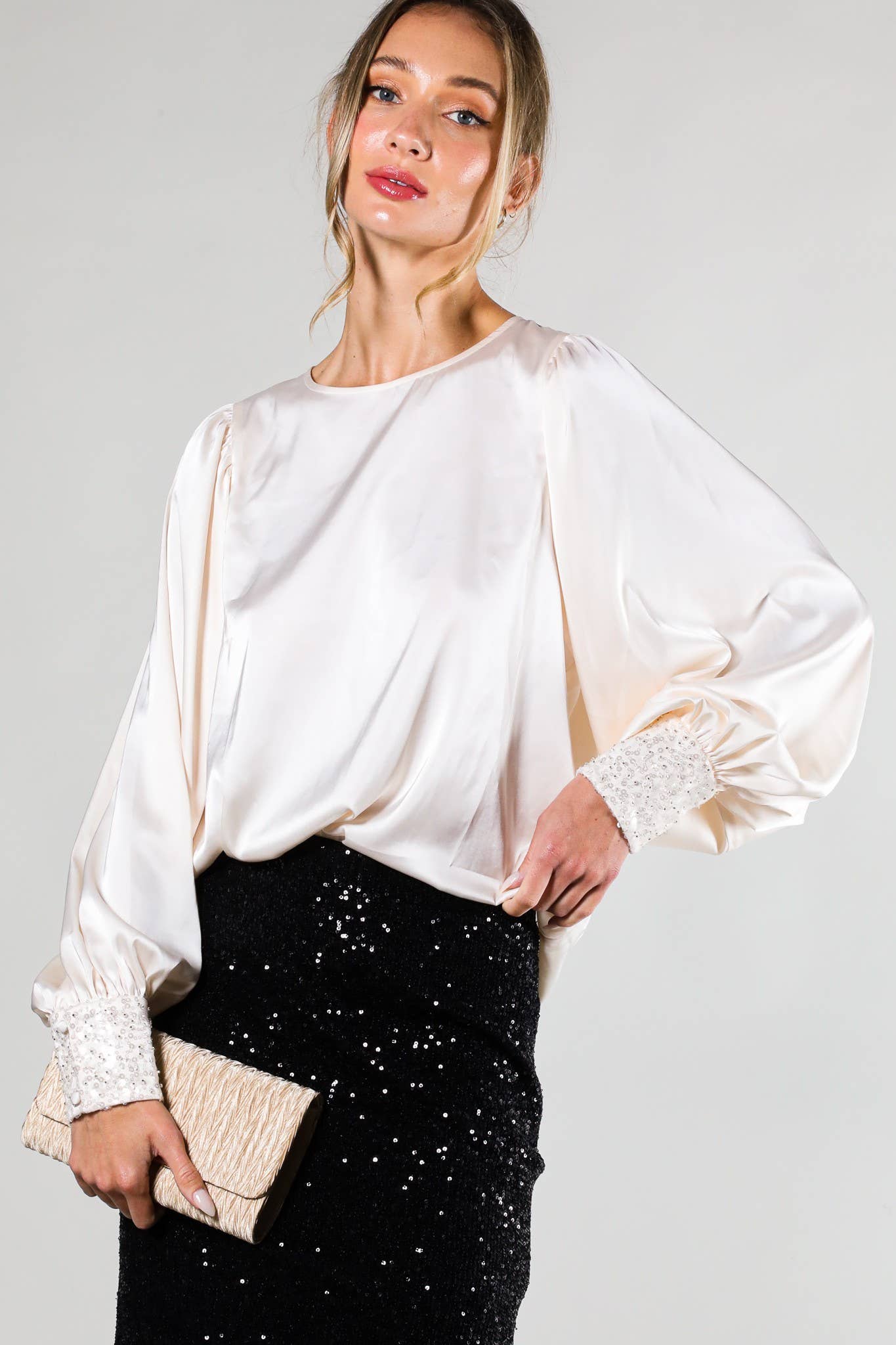 Sequin Cuff Accent Crew Neck Satin Blouse Top