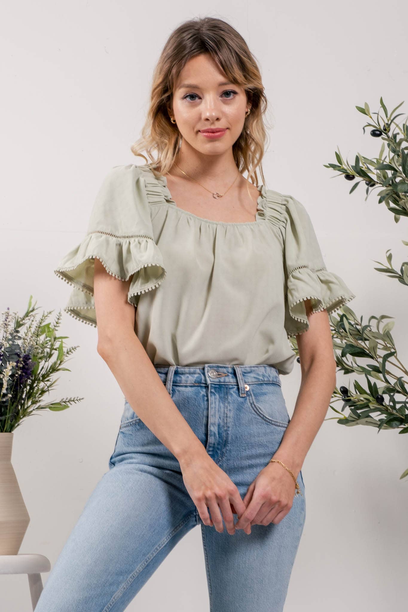 Pom Pom Ruffle Sleeve Blouse