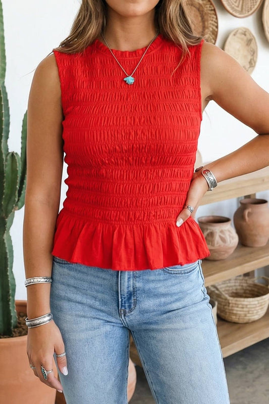 Solid Round Neck Shirred Sleeveless Tank Top