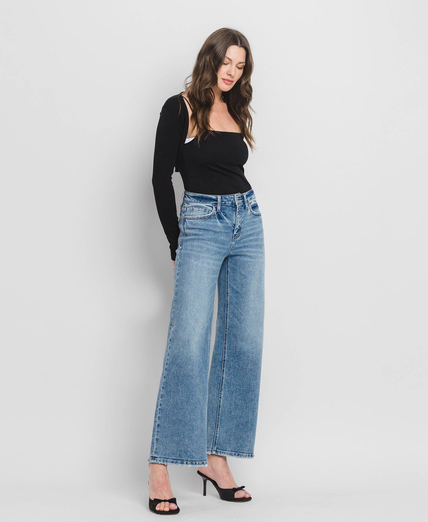 High Rise Medium Wash Full-Length Wide Leg Jeans