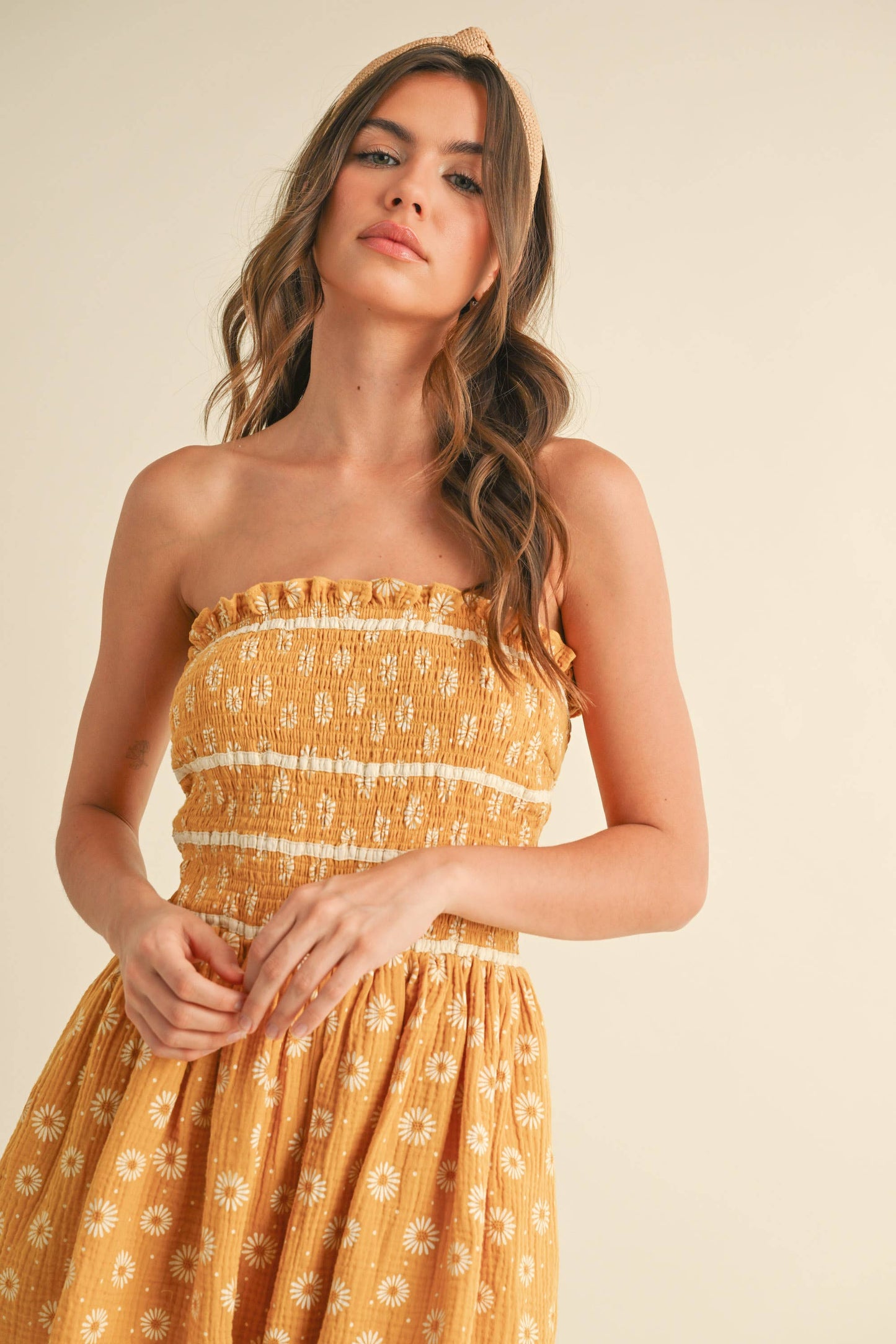 Floral Tube Ruffled Smocking Romper with Pockets