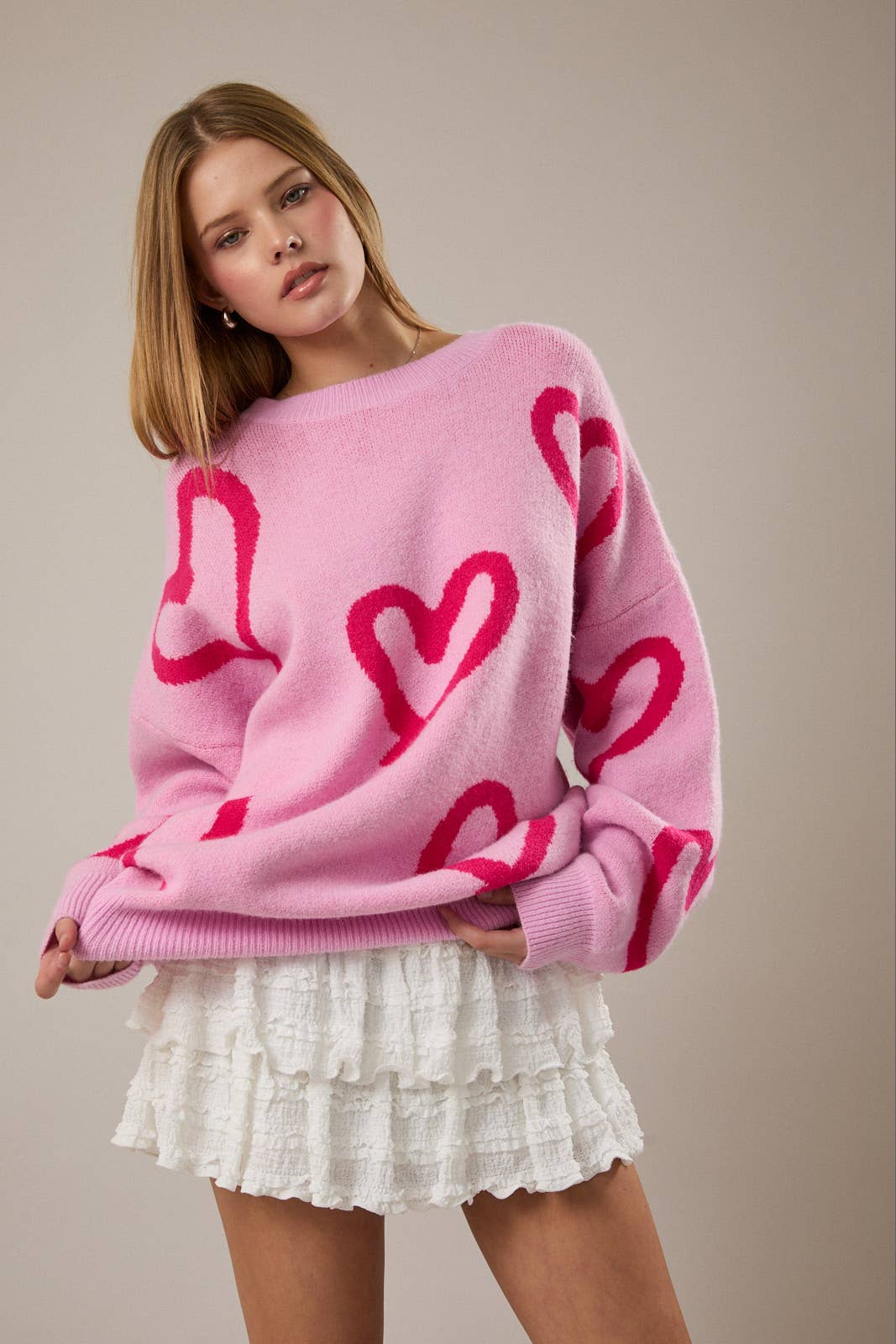 Long Sleeve Round Neck Heart Printed Sweater