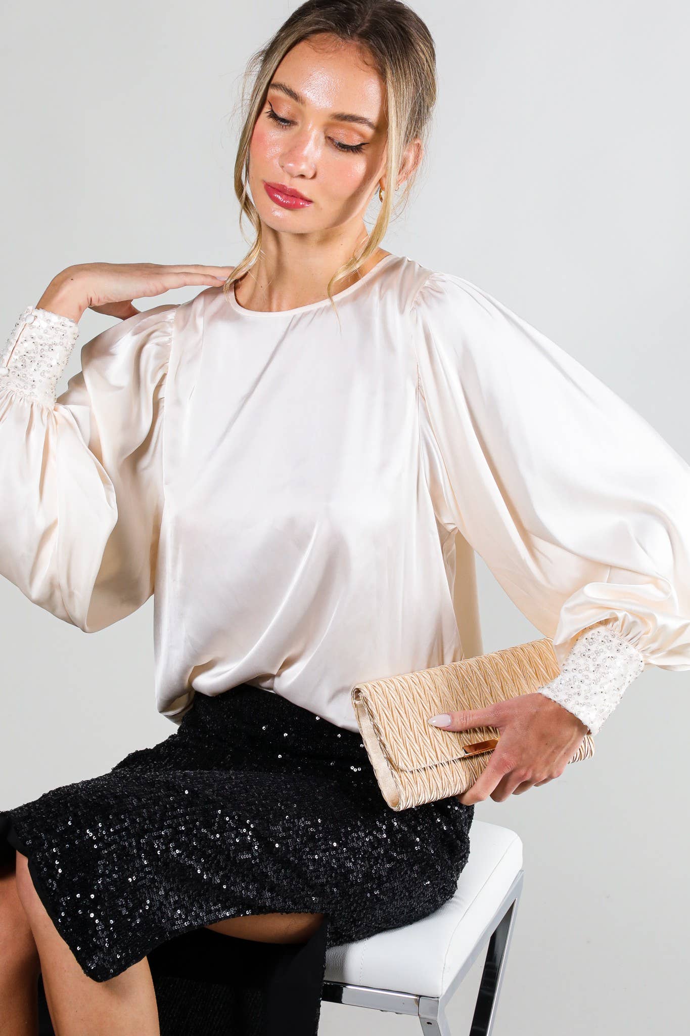 Sequin Cuff Accent Crew Neck Satin Blouse Top
