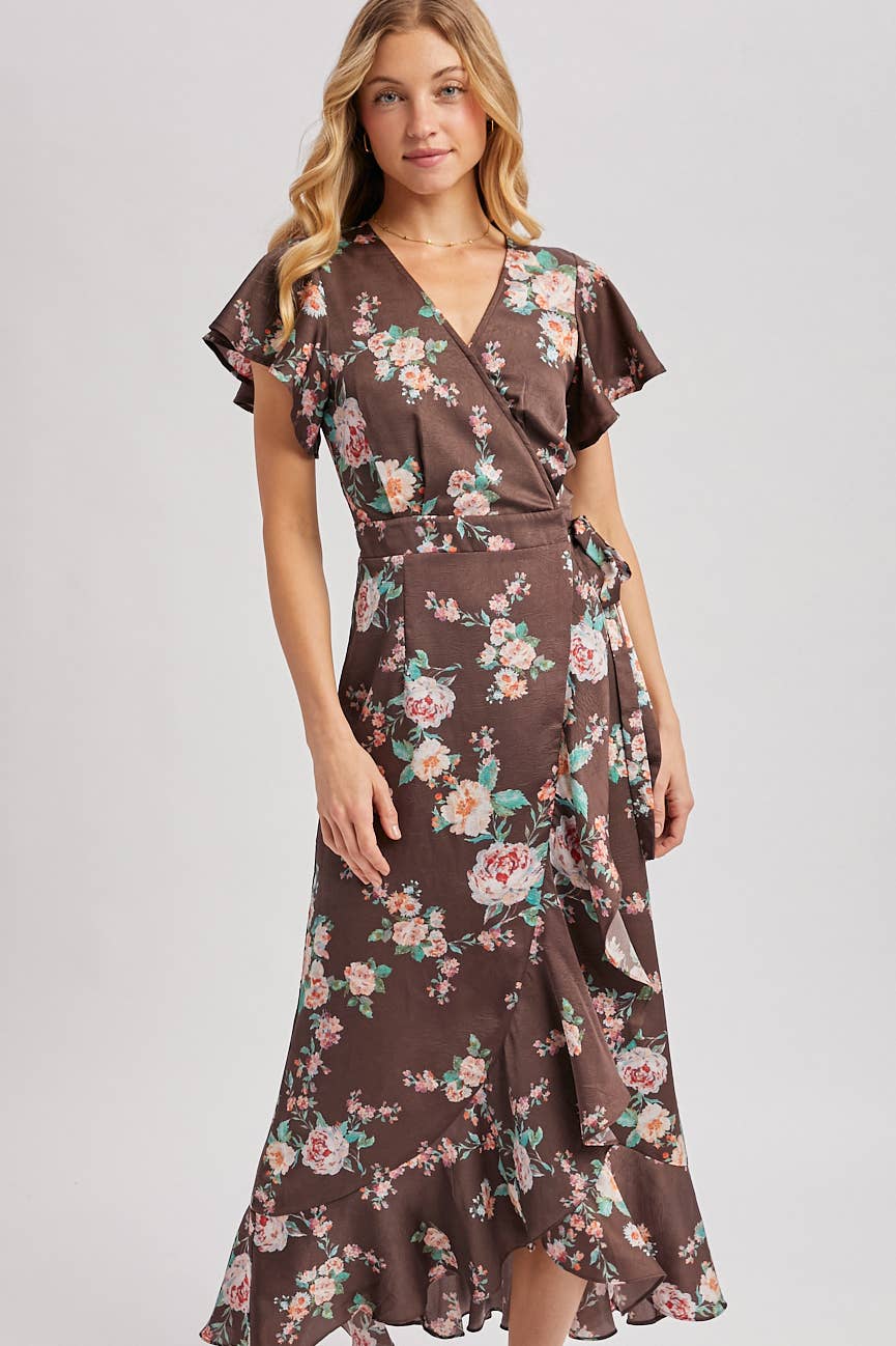 Floral Print Ruffled Wrap Maxi Dress