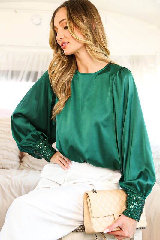 Sequin Cuff Accent Crew Neck Satin Blouse Top