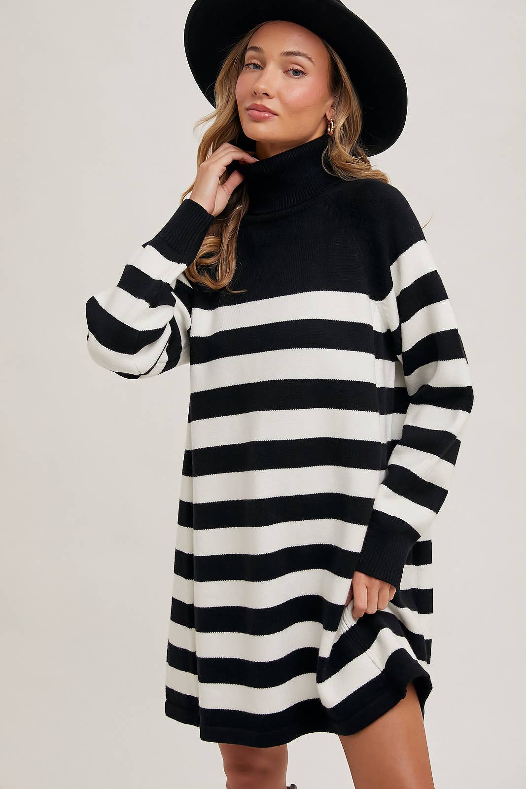 Striped Turtle Neck Knit Sweater Dress