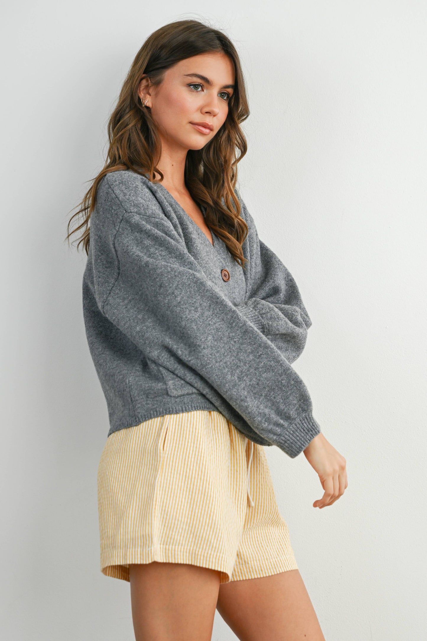 V-Neck Cuff Button-Up Long Sleeve Top
