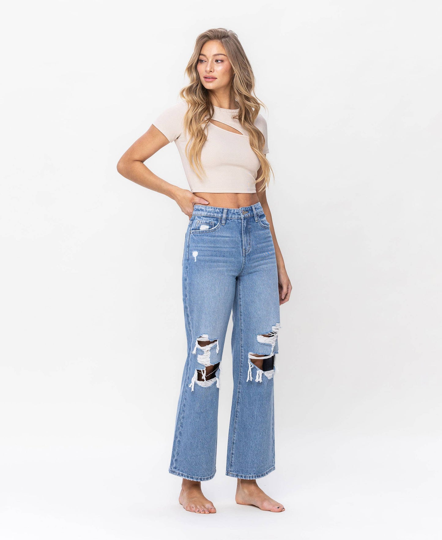 High Rise Distressed Wide Leg Jeans