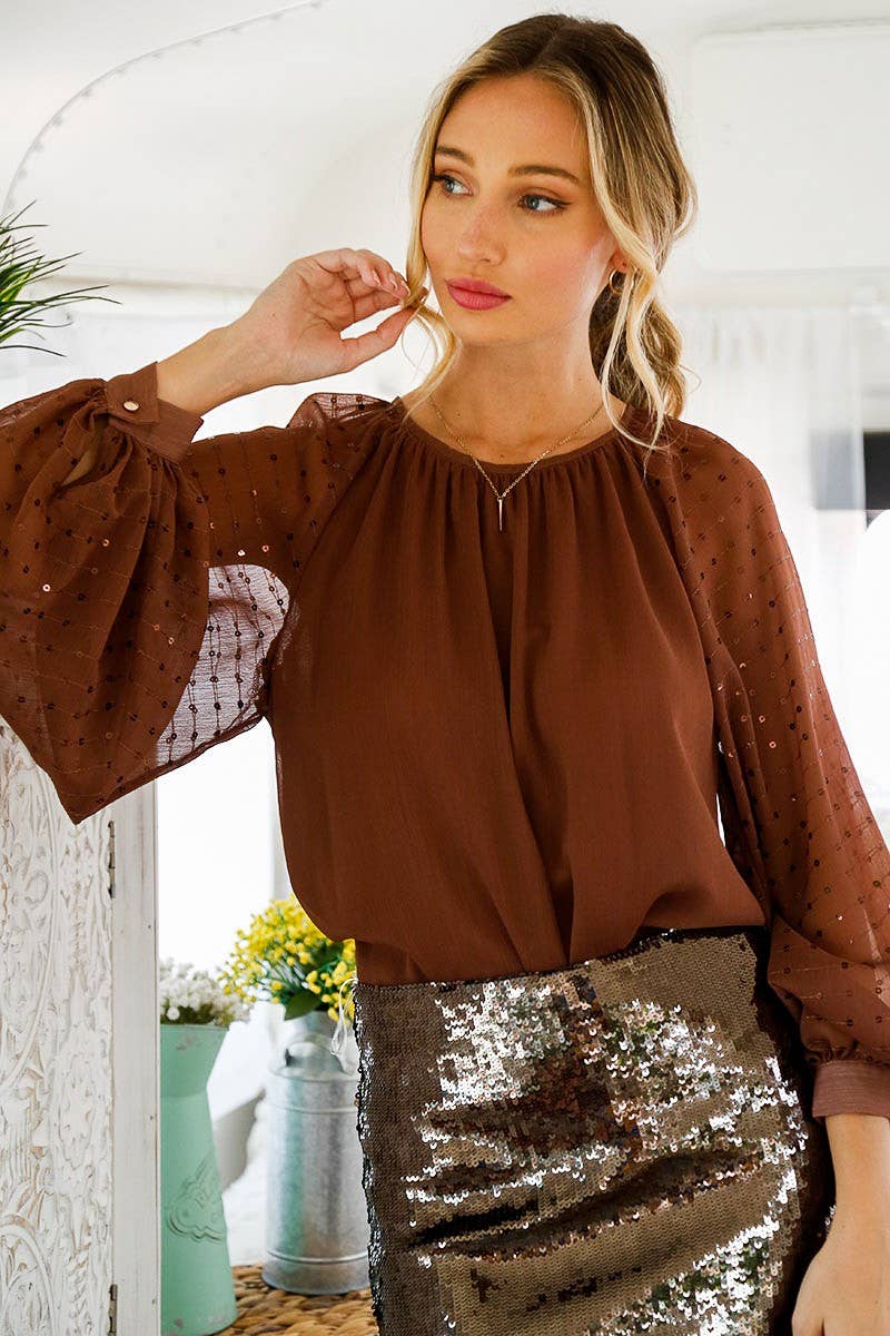 Sequin Long Balloon Sleeve Crinkle Chiffon Blouse