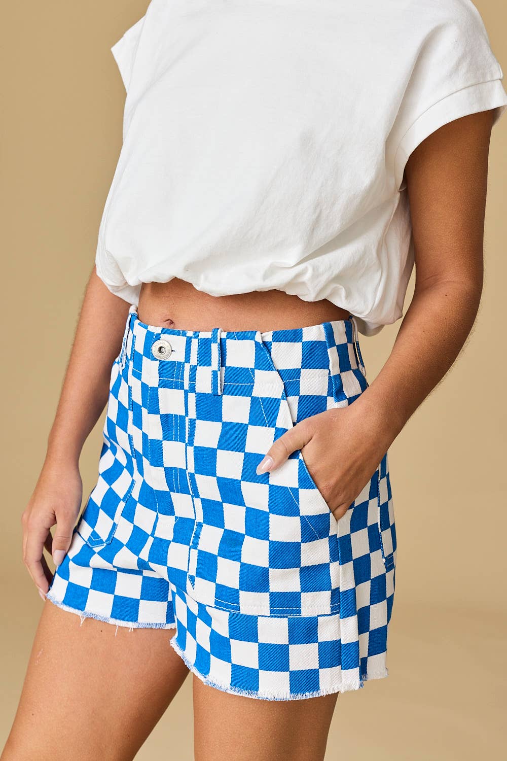 Red & White Checkerboard Frayed Hem Denim Shorts