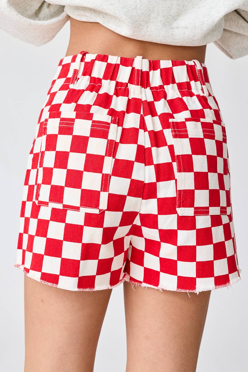 Red & White Checkerboard Frayed Hem Denim Shorts