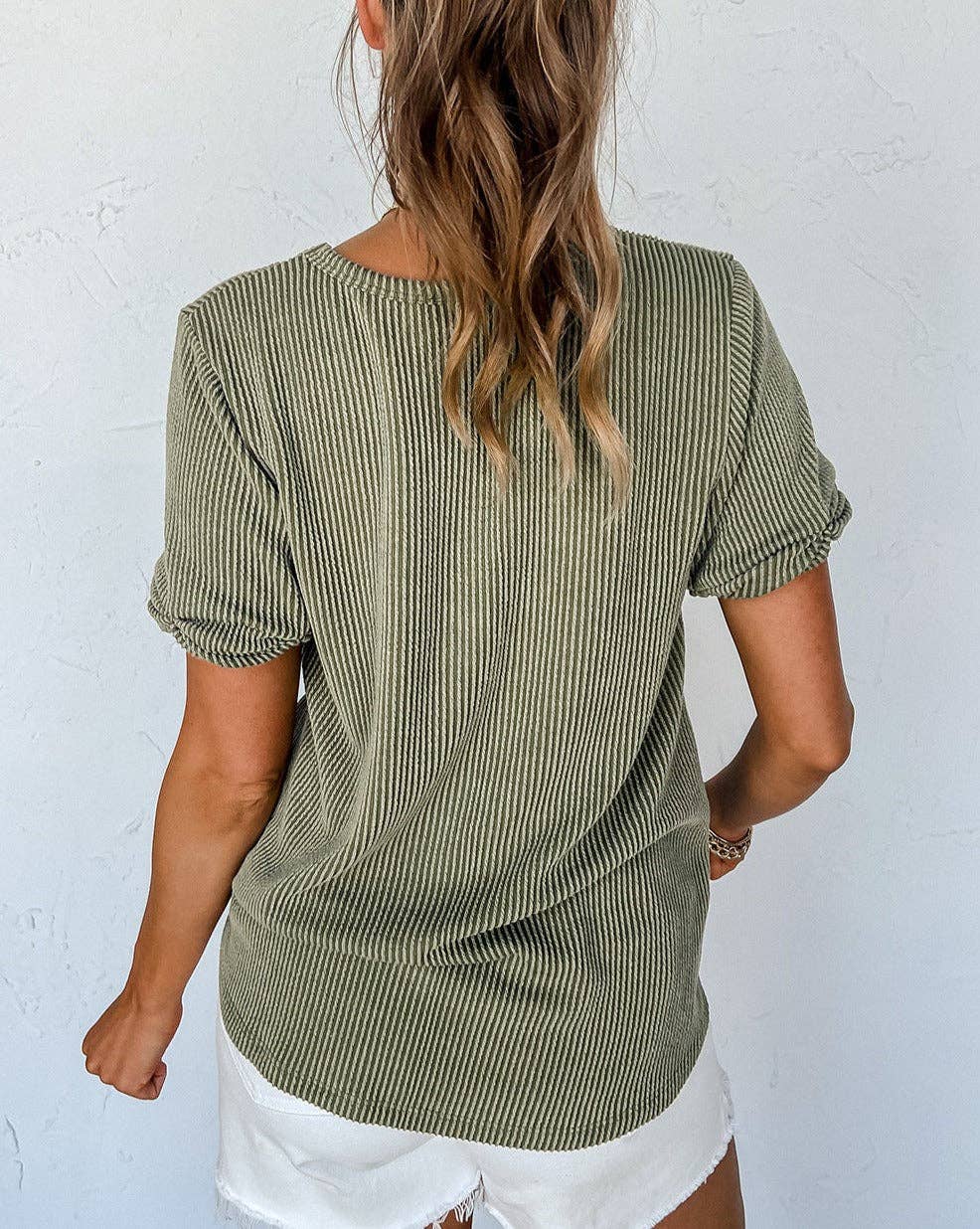 Corded V-Neck Short Sleeve Top