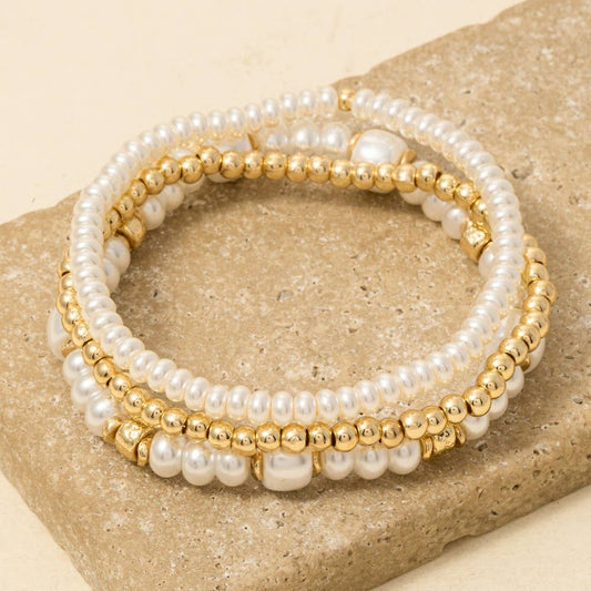 Mixed Pearl And Metallic Beaded Bracelet Set
