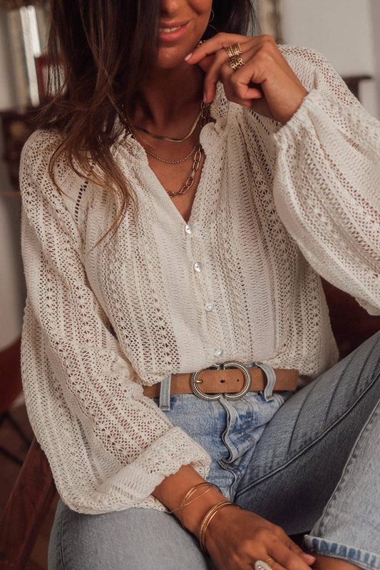 Lace Puff Sleeve Buttoned Shirt