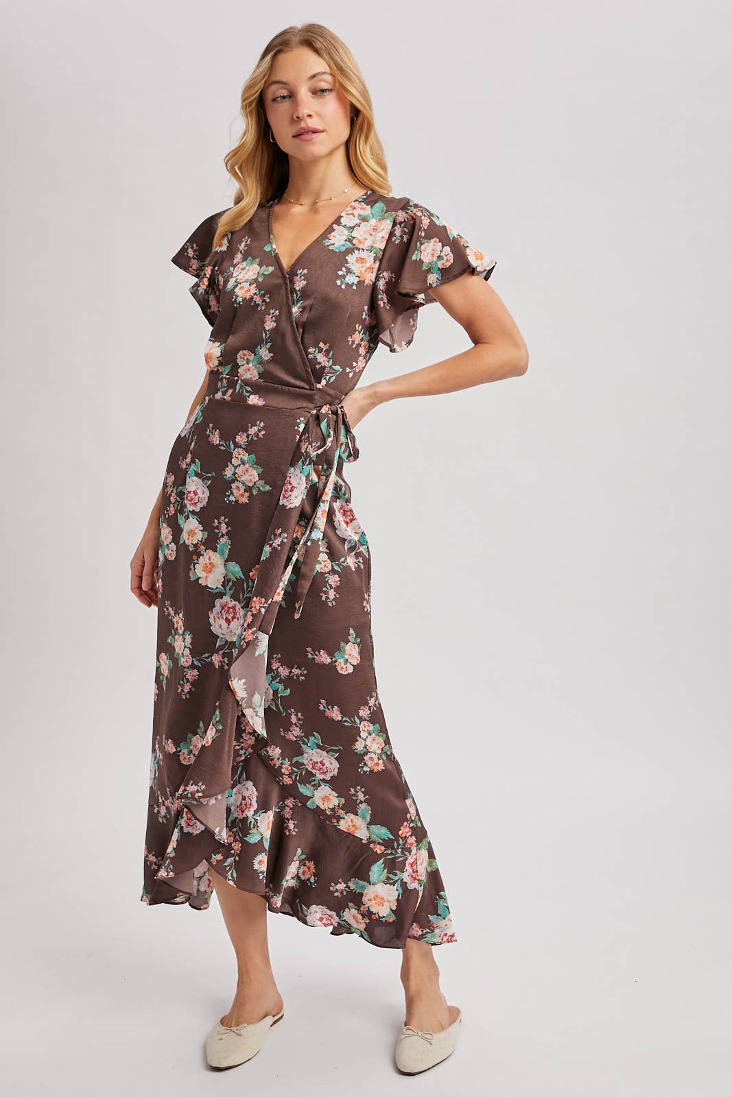 Floral Print Ruffled Wrap Maxi Dress