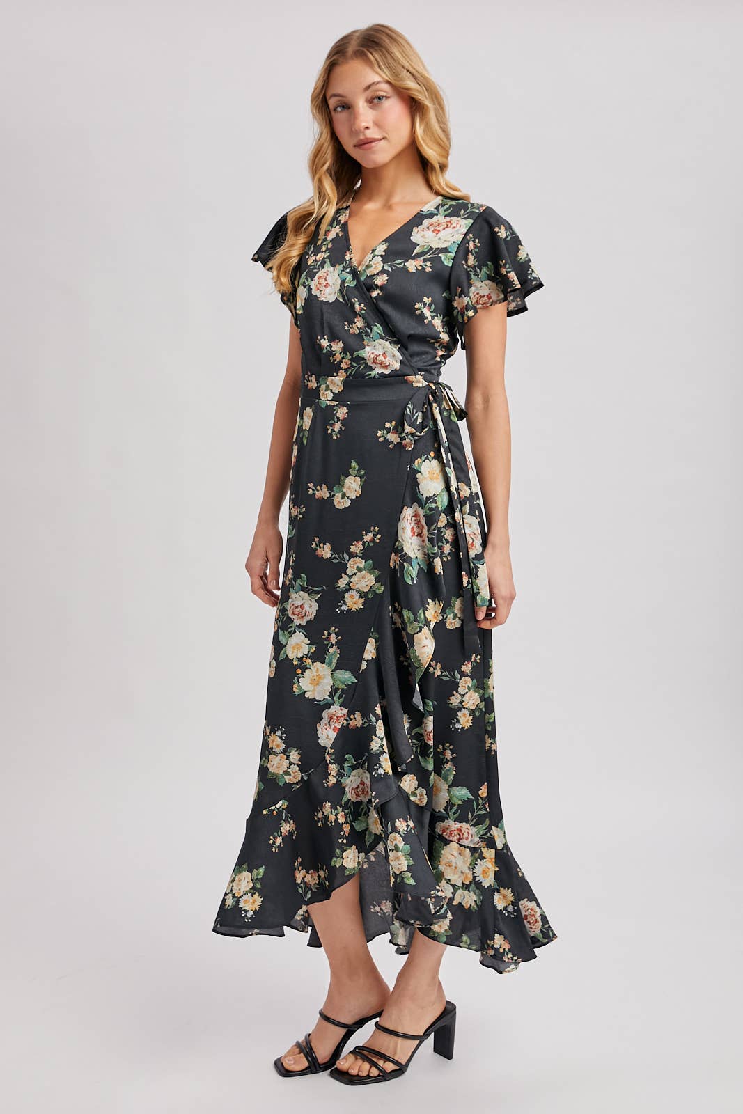Floral Print Ruffled Wrap Maxi Dress