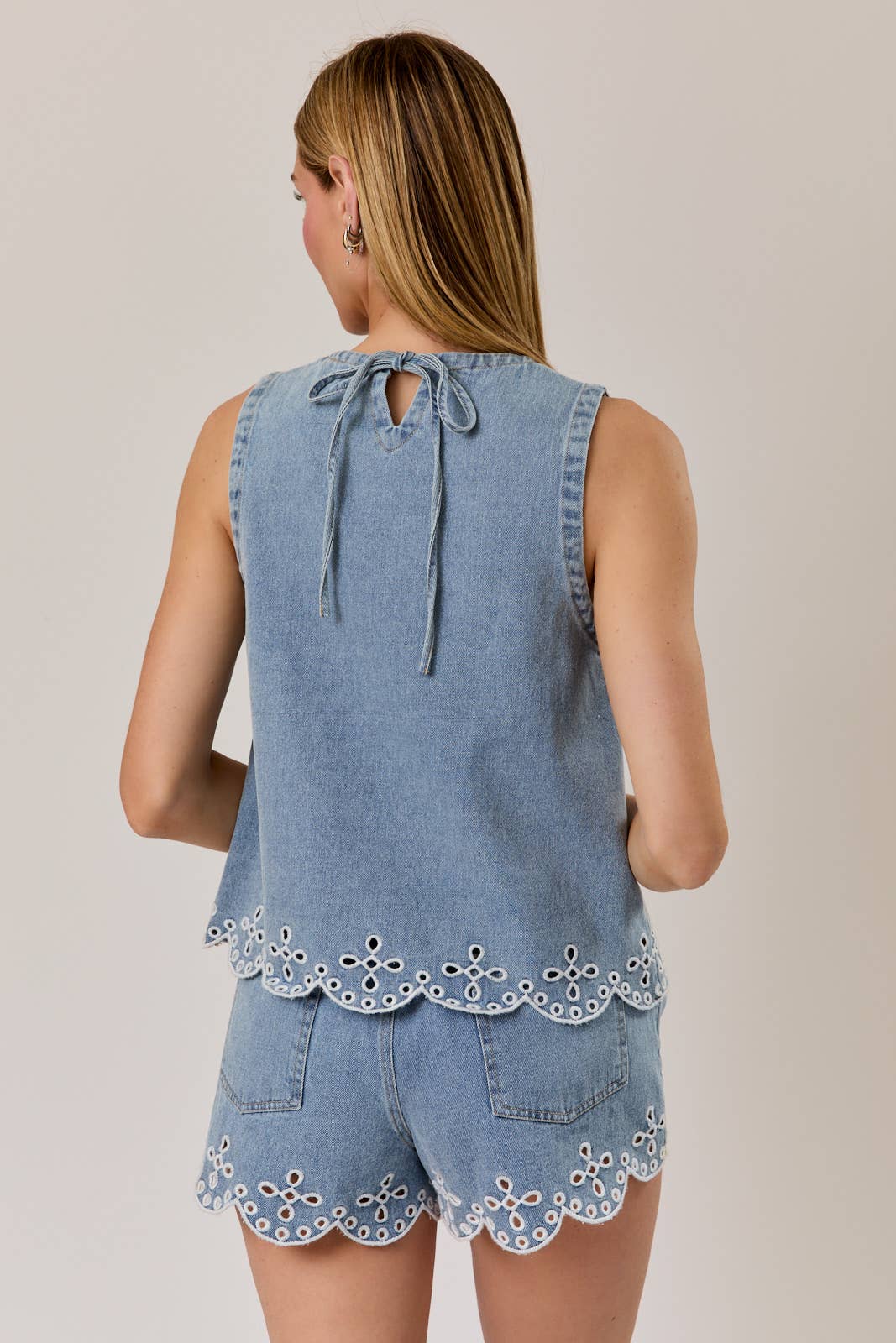 Round Neck Sleeves Eyelet Embroidered Denim Top