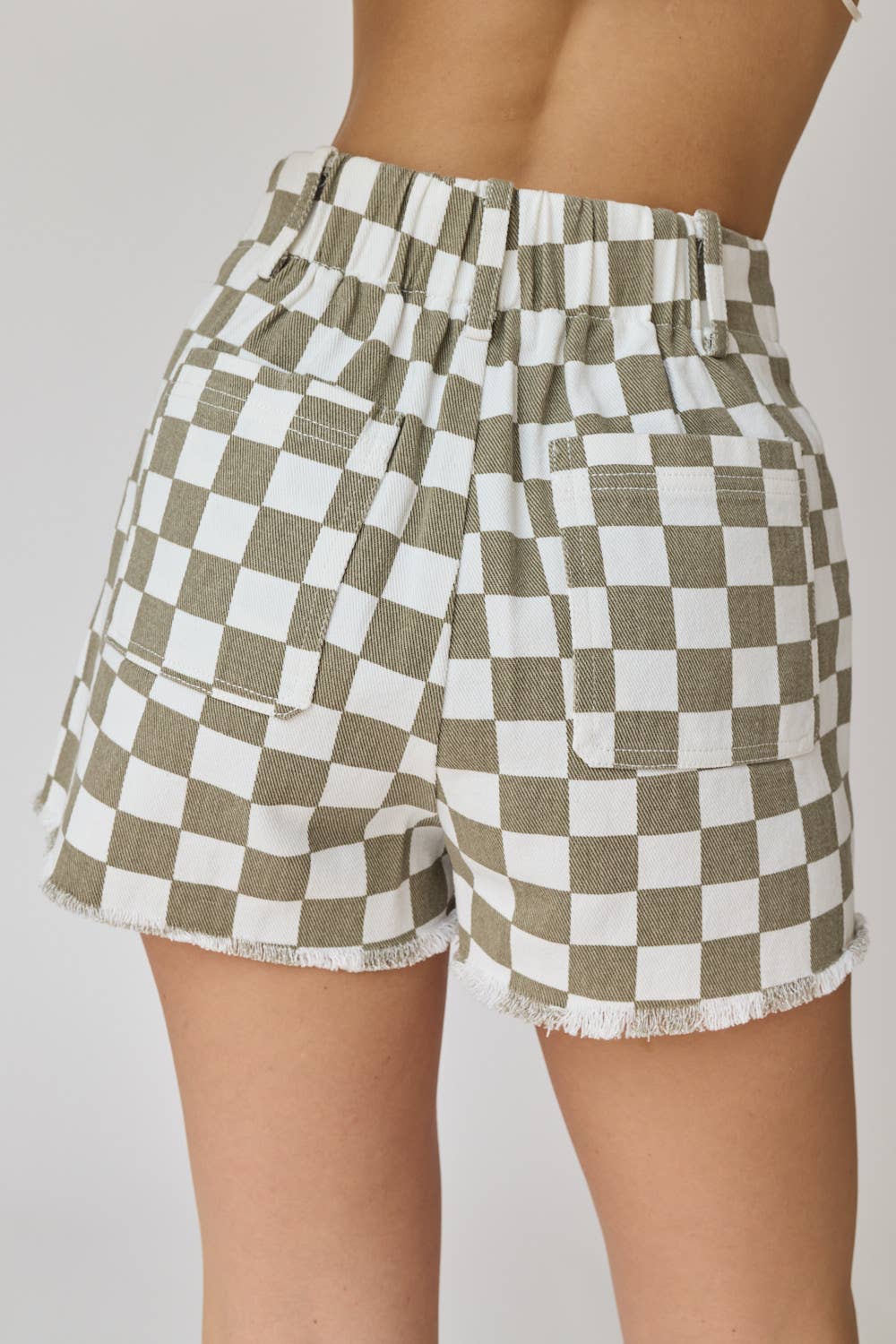 Red & White Checkerboard Frayed Hem Denim Shorts