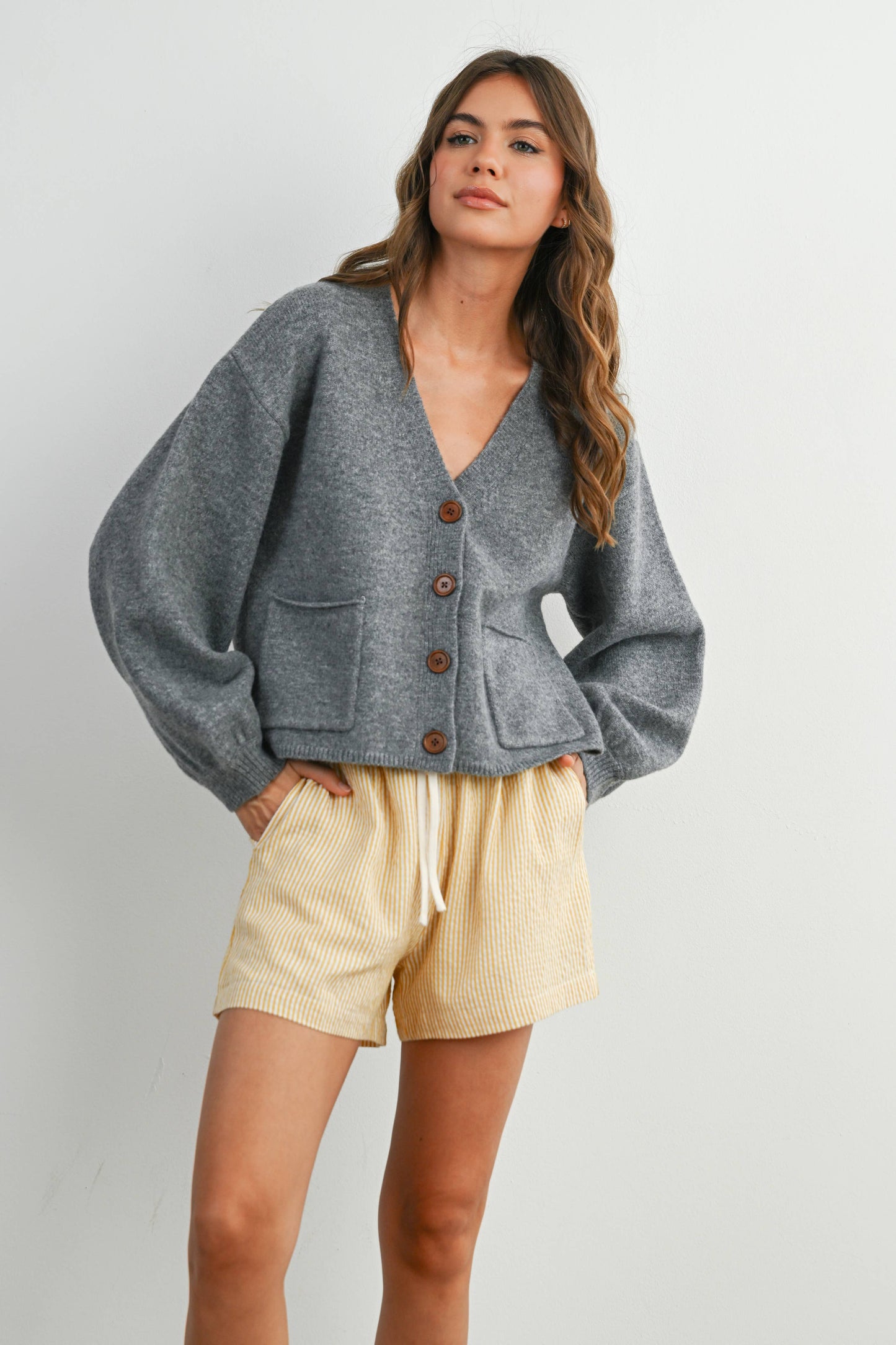 V-Neck Cuff Button-Up Long Sleeve Top
