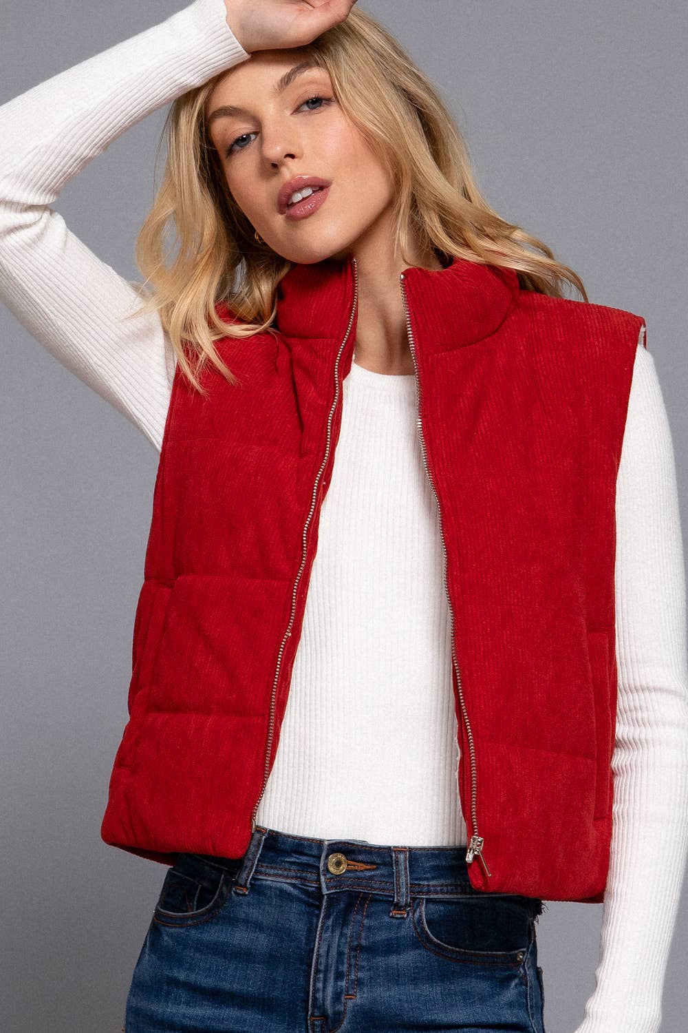 Inner Faux Fur Zip Up Corduroy Puffer Vest