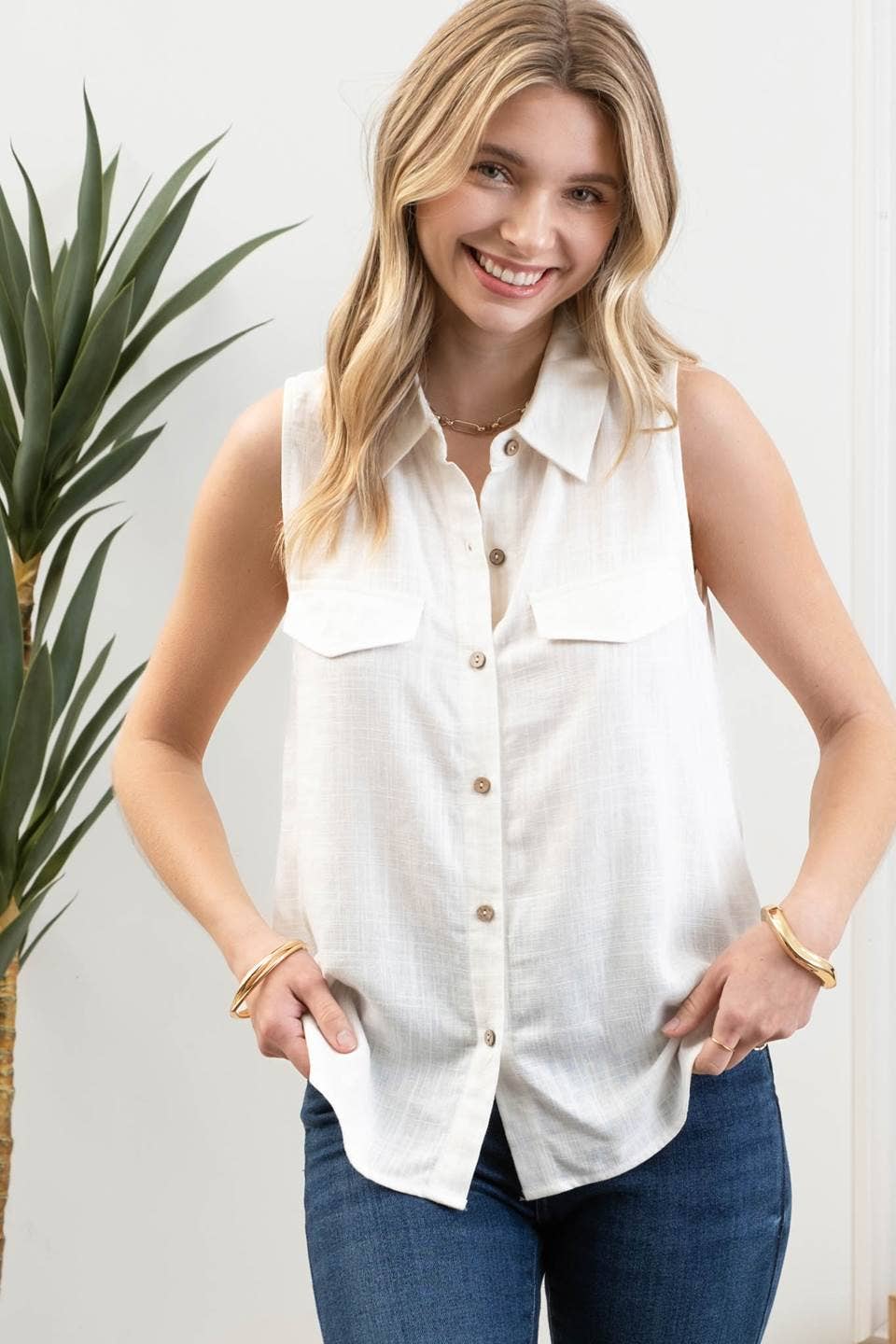 Collared Button Down Sleeveless Shirt