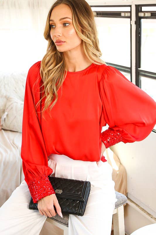 Sequin Cuff Accent Crew Neck Satin Blouse Top