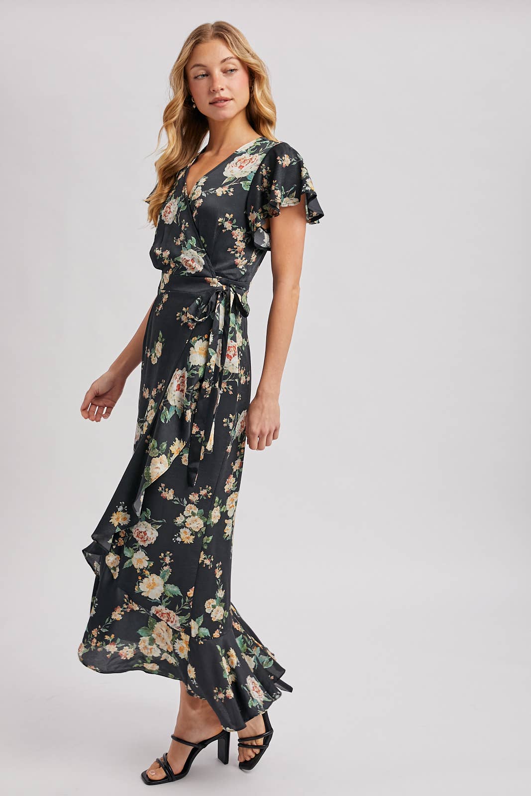 Floral Print Ruffled Wrap Maxi Dress