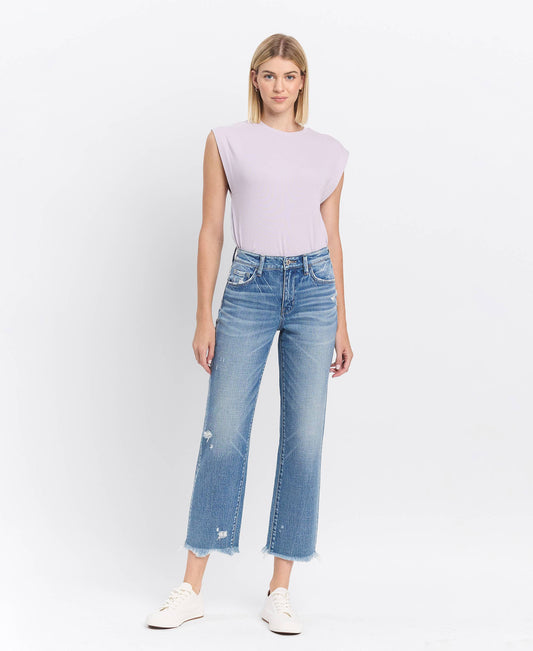High Rise Frayed Hem Straight Jeans