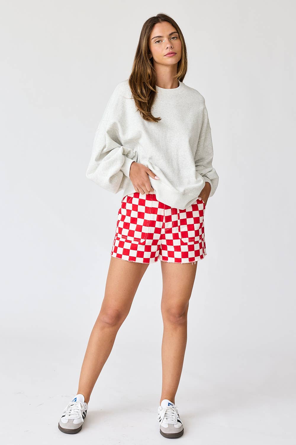 Red & White Checkerboard Frayed Hem Denim Shorts