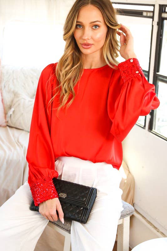 Sequin Cuff Accent Crew Neck Satin Blouse Top