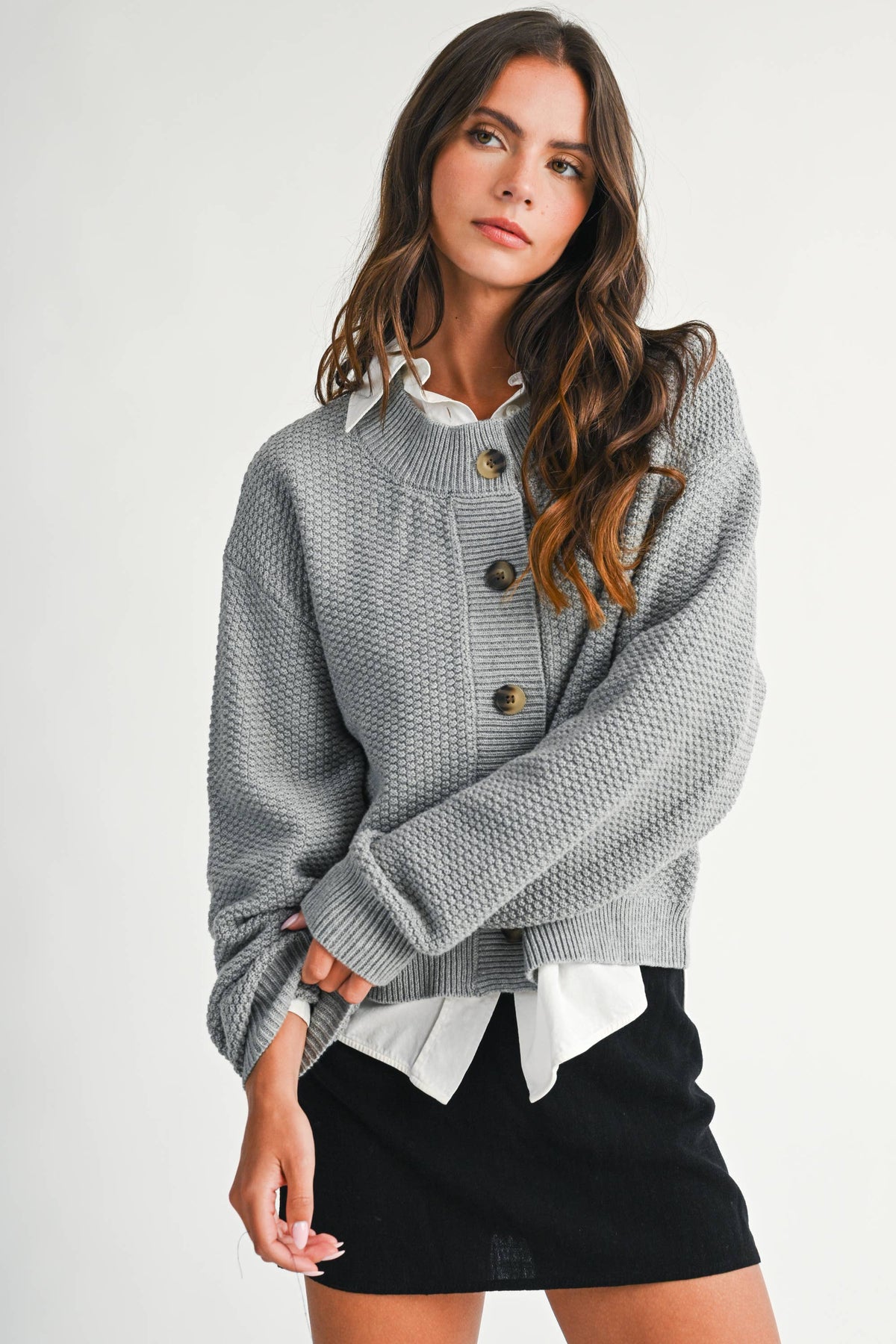 Textured Knit Statement Button Cardigan