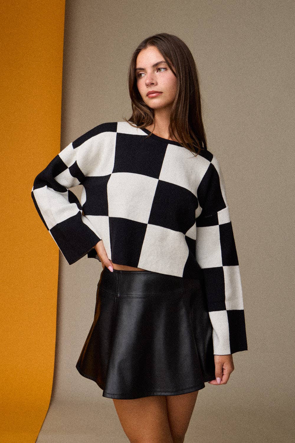 Sarah Round Neck Checkered LS Top