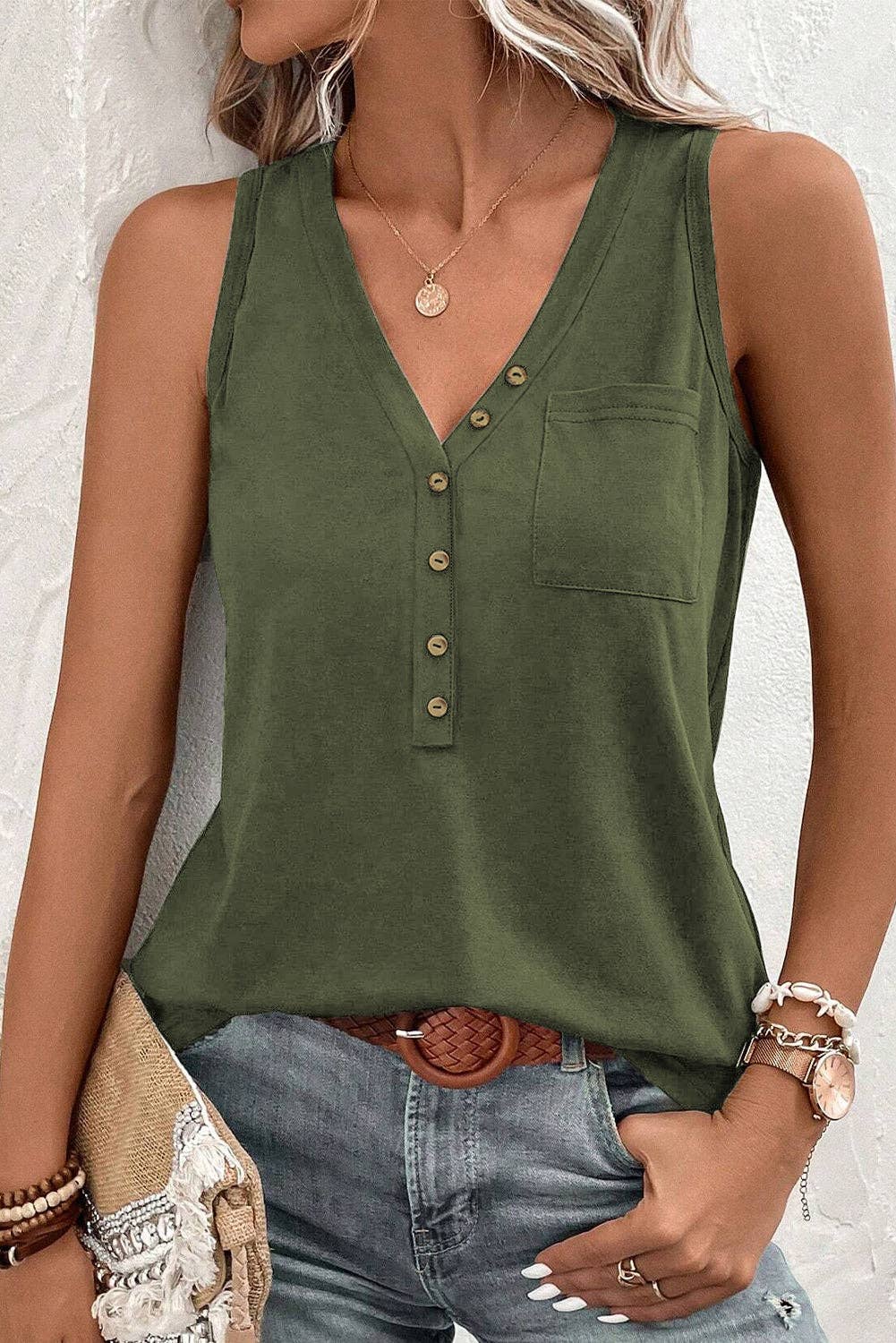 Half Buttoned V-Neck Tank Top