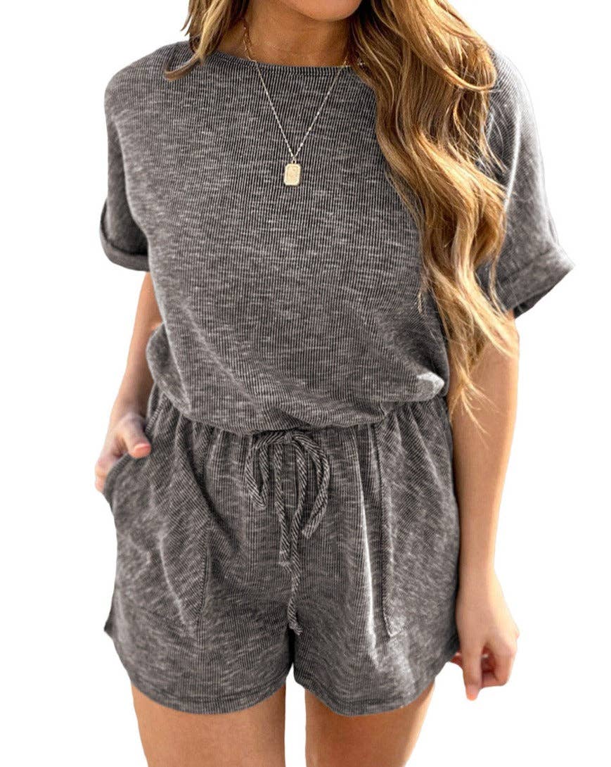 Ribbed Elastic Waist Pocketed Romper